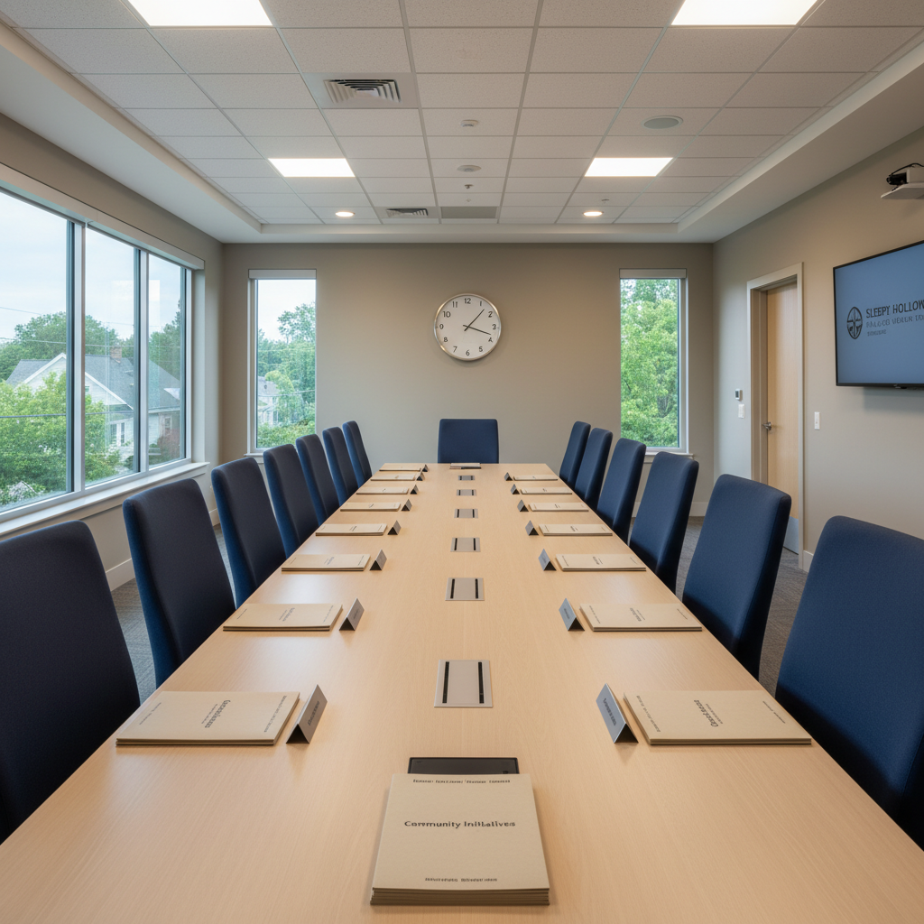 A modern, well-lit meeting room in the Sleepy Hollow village hall, devoid of people, featuring a long, light-wood conference table lined with high-backed navy fabric chairs, each neatly pushed in. At the table’s center, a row of slim, matte-silver nameplate holders stands ready, alongside a few stacked folders labeled “Community Initiatives” in understated typography. Large windows on one side reveal a subtle hint of treetops and village rooftops in soft focus. Overhead, recessed lighting combines with natural afternoon light to create even, professional illumination with minimal shadows. Photographic realism, eye-level perspective with symmetrical composition, projecting an organized, transparent, and collaborative civic planning environment.