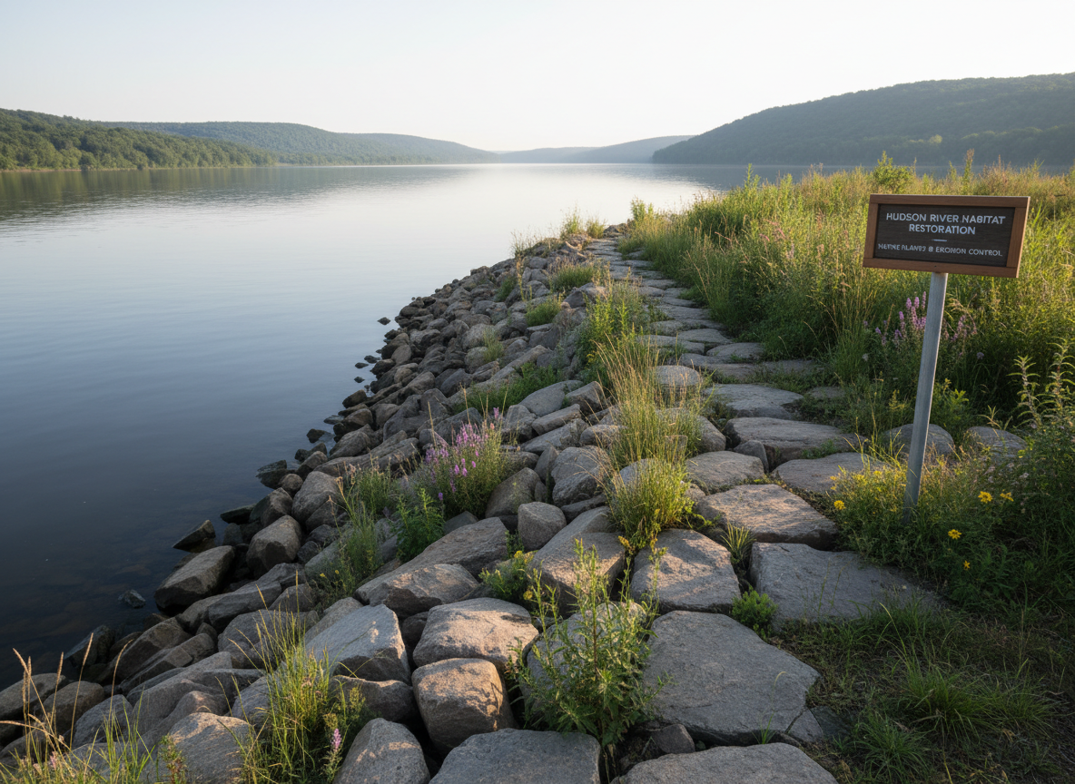 A peaceful Hudson River shoreline restoration area near Sleepy Hollow, NY, showing a carefully constructed natural stone embankment lined with native grasses, reeds, and wildflowers in muted greens, soft purples, and pale yellows. Discreet educational signage on a slim metal post explains the habitat restoration, positioned at the right third of the frame. The calm river stretches into the distance with low forested hills along the opposite shore. Early morning light creates a cool, soft glow, with gentle reflections shimmering on the water and delicate shadows among the stones. Photographic realism, wide-angle, eye-level composition with sharp focus, evoking a serene, environmentally responsible atmosphere that underscores local conservation initiatives.