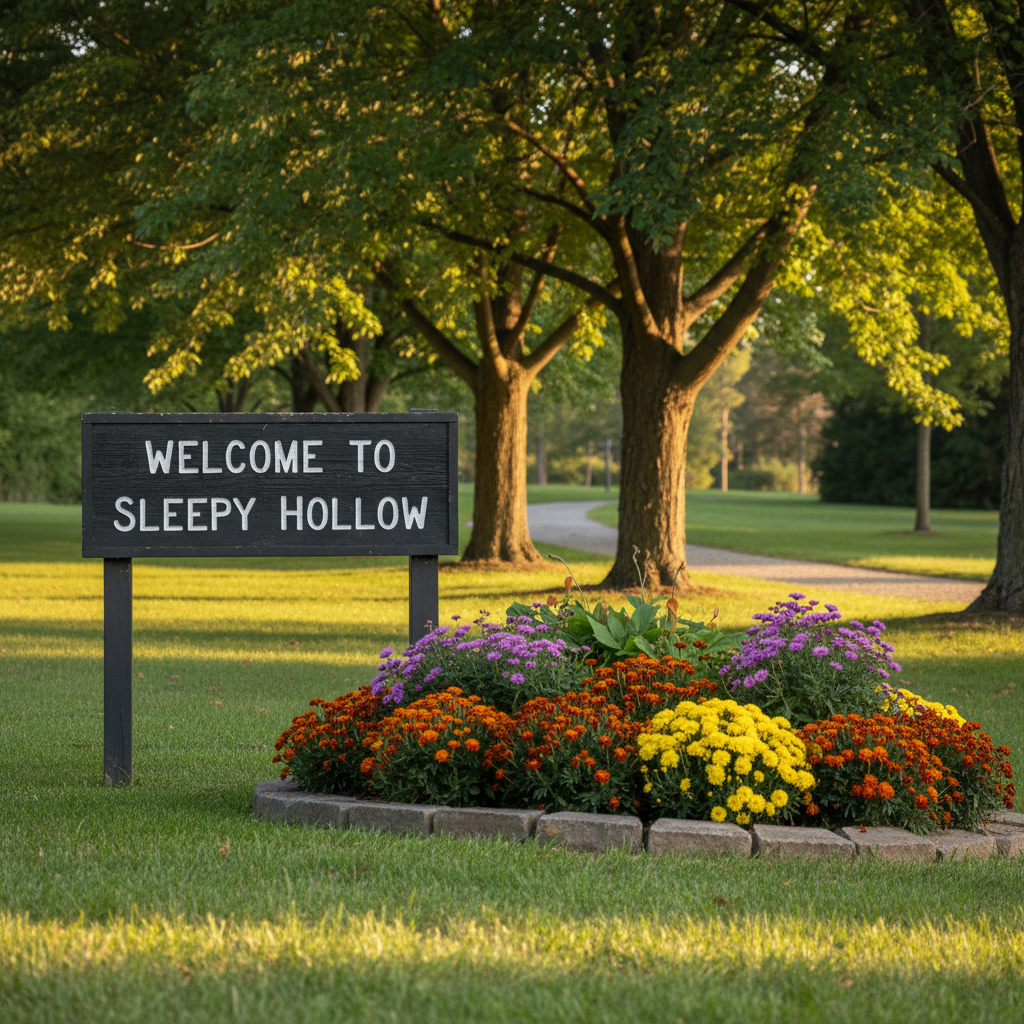 A meticulously maintained village park entrance sign reading “Welcome to Sleepy Hollow,” carved in dark-stained wood with crisp white lettering, stands beside a stone-lined flower bed bursting with seasonal blooms in deep oranges, yellows, and purples. The sign is anchored in neatly trimmed green grass, with mature trees and a gently curving path fading into the background. Soft late-afternoon natural light filters through the leaves, casting dappled shadows on the sign and ground. Photographic realism, eye-level composition using the rule of thirds, with a shallow depth of field that keeps the sign tack-sharp while subtly blurring the background, creating a professional, welcoming, community-focused atmosphere suitable for a nonprofit homepage hero image.