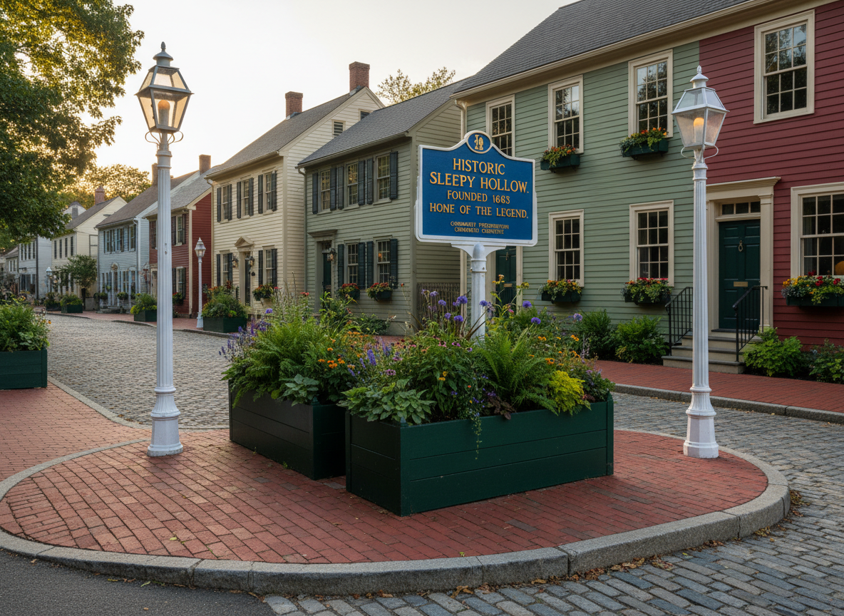A carefully restored historic village street corner in Sleepy Hollow, NY, featuring crisp white-painted lampposts with classic lantern tops, brick sidewalks, and freshly planted street planters overflowing with native greenery and small flowering plants. A neatly maintained blue-and-gold historic marker sign stands prominently at the intersection, its text sharp and legible. In the background, traditional clapboard buildings with well-kept facades line the gently curving street. Golden hour sunlight bathes the scene, creating long, soft shadows and warm highlights on the lampposts and sign. Photographic realism from a slightly elevated angle, sharp focus throughout, with a clean, civic-pride mood that communicates thoughtful community stewardship and local heritage preservation.