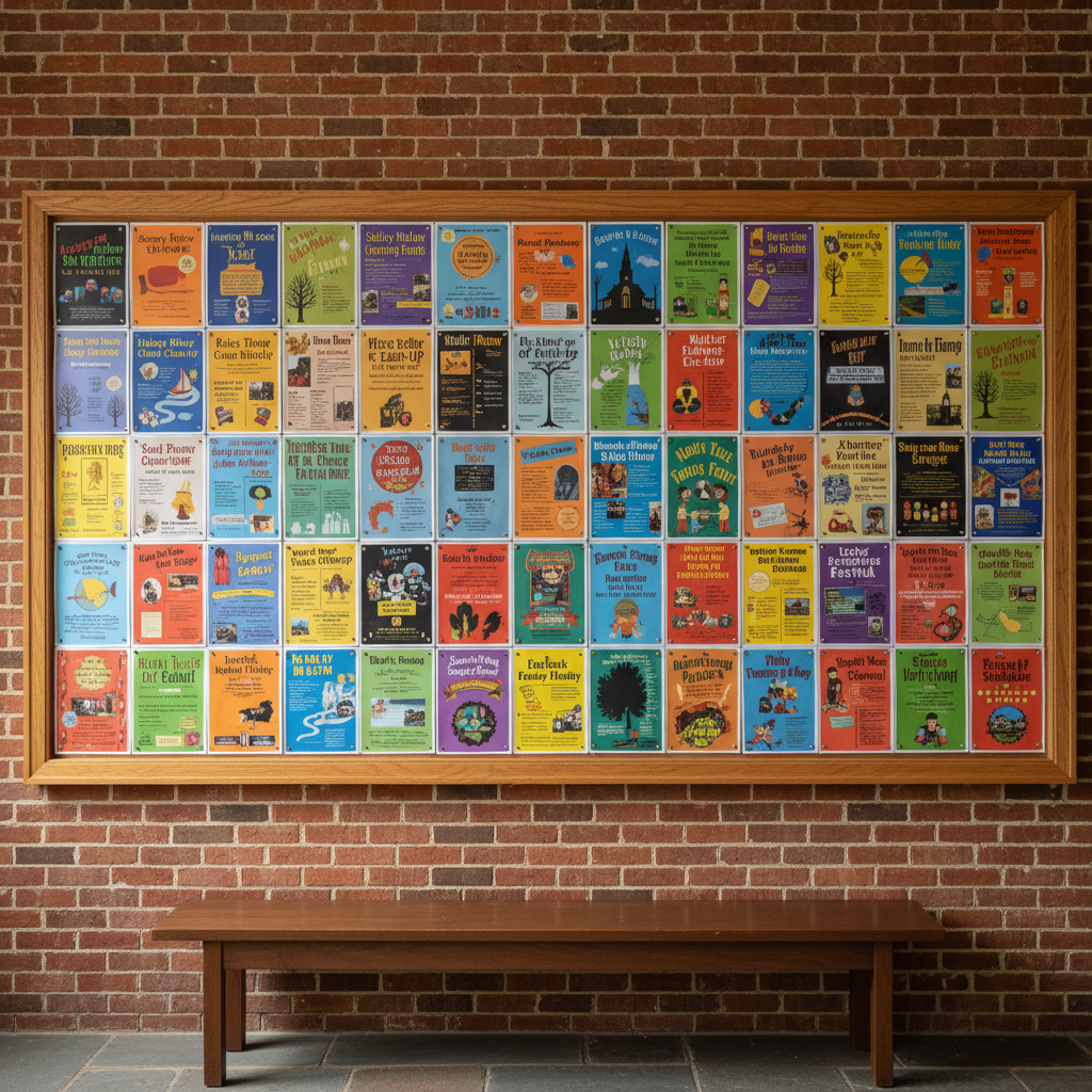 A long, polished oak community bulletin board mounted on a brick wall, covered with neatly arranged, colorful flyers and announcements for local initiatives in Sleepy Hollow, NY. Each flyer is clearly printed, featuring icons of trees, historic buildings, riverfront scenes, and community events, with pushpins aligned in careful rows. The brick has a warm, textured red-brown tone, and a narrow wooden bench sits just beneath the board. Soft, diffused overcast daylight from an unseen nearby window illuminates the scene evenly, minimizing harsh shadows. Shot in photographic realism at eye level with a moderate depth of field, the composition centers the bulletin board, conveying a professional, organized, and engaged community atmosphere ideal for illustrating local initiatives.