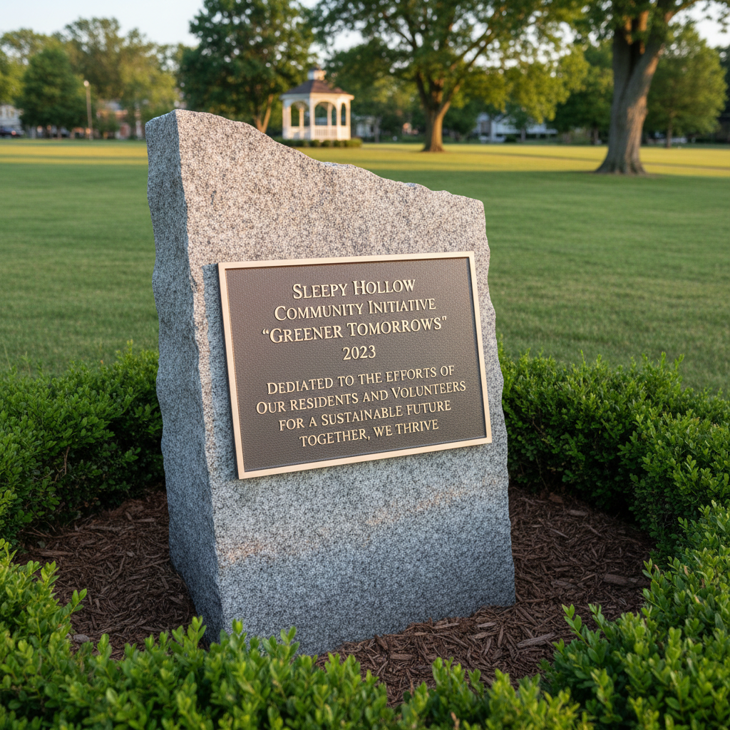 A close-up of a polished bronze plaque mounted on a rough-cut gray stone pedestal in Sleepy Hollow, NY, commemorating a successful community initiative. The plaque’s engraved lettering is crisp and legible, reflecting soft highlights across its brushed metal surface. Around the base, a simple circular bed of mulch is bordered by low, carefully trimmed boxwood shrubs, their leaves a deep, glossy green. The background shows a manicured village green with mature trees and a distant gazebo lightly blurred. Warm late-afternoon sunlight grazes the edges of the stone and plaque, creating gentle contrast and dimensional shadows. Photographic realism, low-angle, slightly off-center composition, evoking pride, permanence, and community achievement.