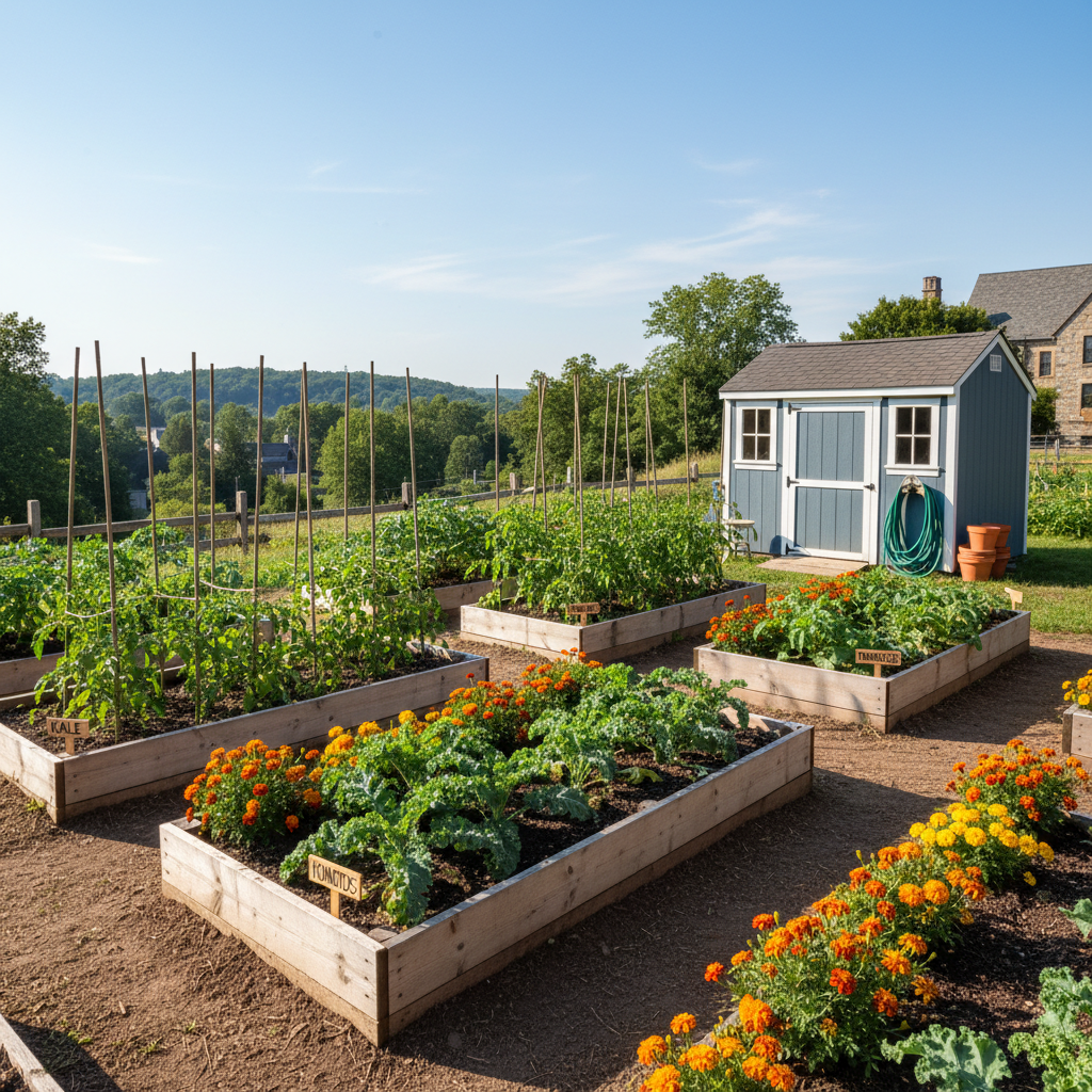 A neatly organized community garden plot in Sleepy Hollow, NY, framed by low wooden raised beds filled with dark, freshly turned soil and thriving vegetables: leafy kale, tomato plants braided to simple wooden stakes, and clusters of bright marigolds at the borders. Small, uniform wooden plant markers with clean black lettering identify each crop. A compact, well-maintained toolshed with a slate-blue exterior and white trim stands at the edge of the garden, with hoses coiled precisely nearby. Late morning sunlight provides clear, bright illumination, casting gentle, well-defined shadows. Photographic realism, captured from a slightly elevated angle to show the overall layout, with a clean, organized, hopeful mood representing community-led sustainability and local food initiatives.