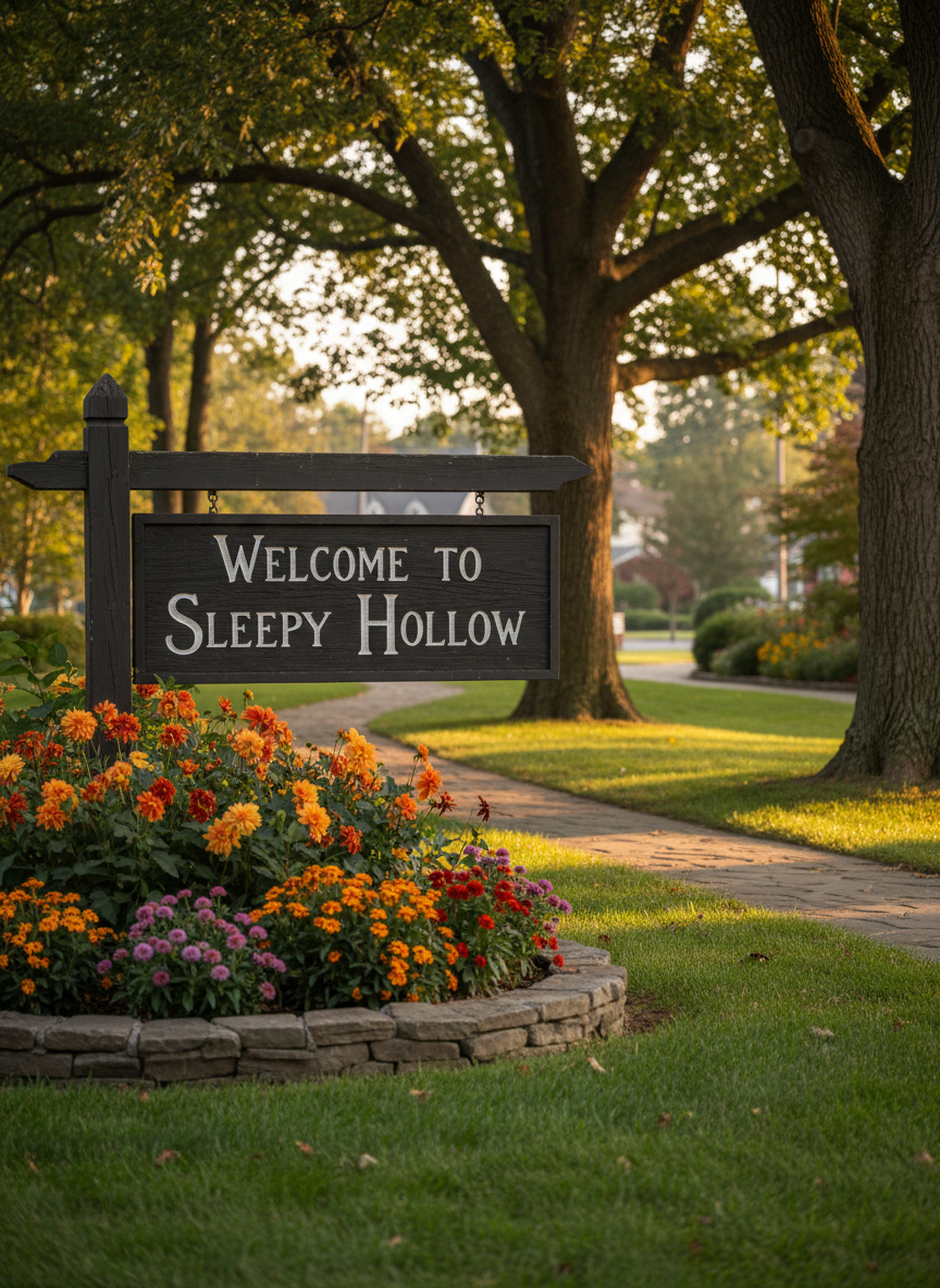 A meticulously maintained village park entrance sign reading “Welcome to Sleepy Hollow,” carved in dark-stained wood with crisp white lettering, stands beside a stone-lined flower bed bursting with seasonal blooms in deep oranges, yellows, and purples. The sign is anchored in neatly trimmed green grass, with mature trees and a gently curving path fading into the background. Soft late-afternoon natural light filters through the leaves, casting dappled shadows on the sign and ground. Photographic realism, eye-level composition using the rule of thirds, with a shallow depth of field that keeps the sign tack-sharp while subtly blurring the background, creating a professional, welcoming, community-focused atmosphere suitable for a nonprofit homepage hero image.
